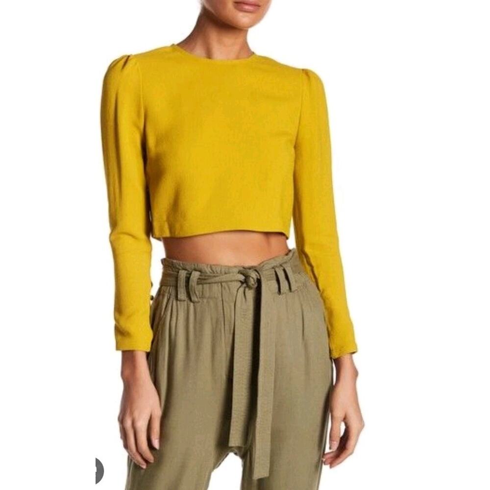 A.L.C. Women’s 0 Crop Top Talia Puff Sleeve‎ Covered Buttons Mustard Yellow